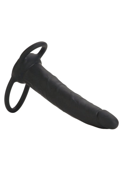 Zwarte siliconen dildo met ring bij de top en afgeronde punt