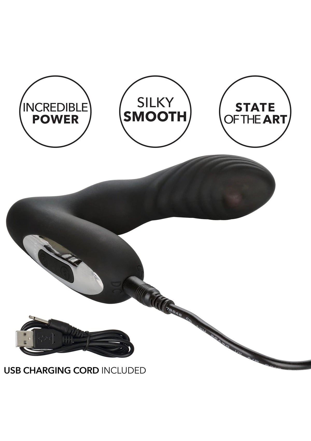 Zwarte Eclipse rollerball-probe vibrator met knopzone en meegeleverde USB-oplaadkabel.