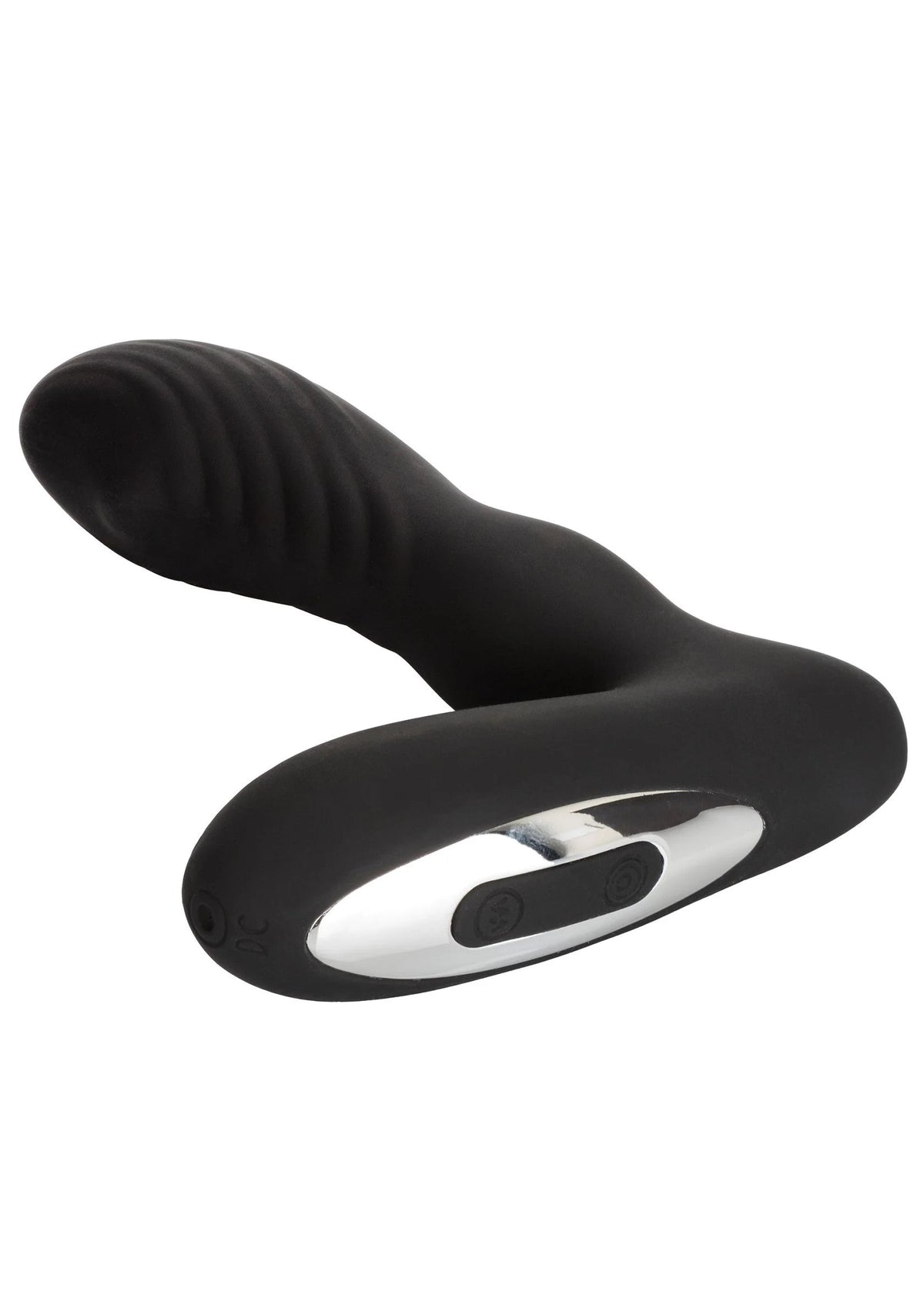 Zwarte Eclipse rollerball-probe vibrator met ovale bedieningsstrook en ribbelstructuur.