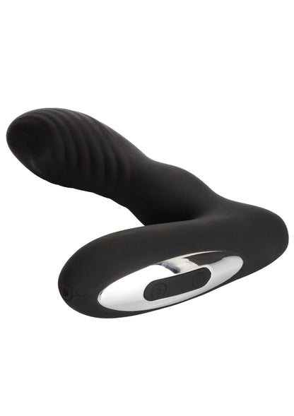 Zwarte Eclipse rollerball-probe vibrator met ovale bedieningsstrook en ribbelstructuur.