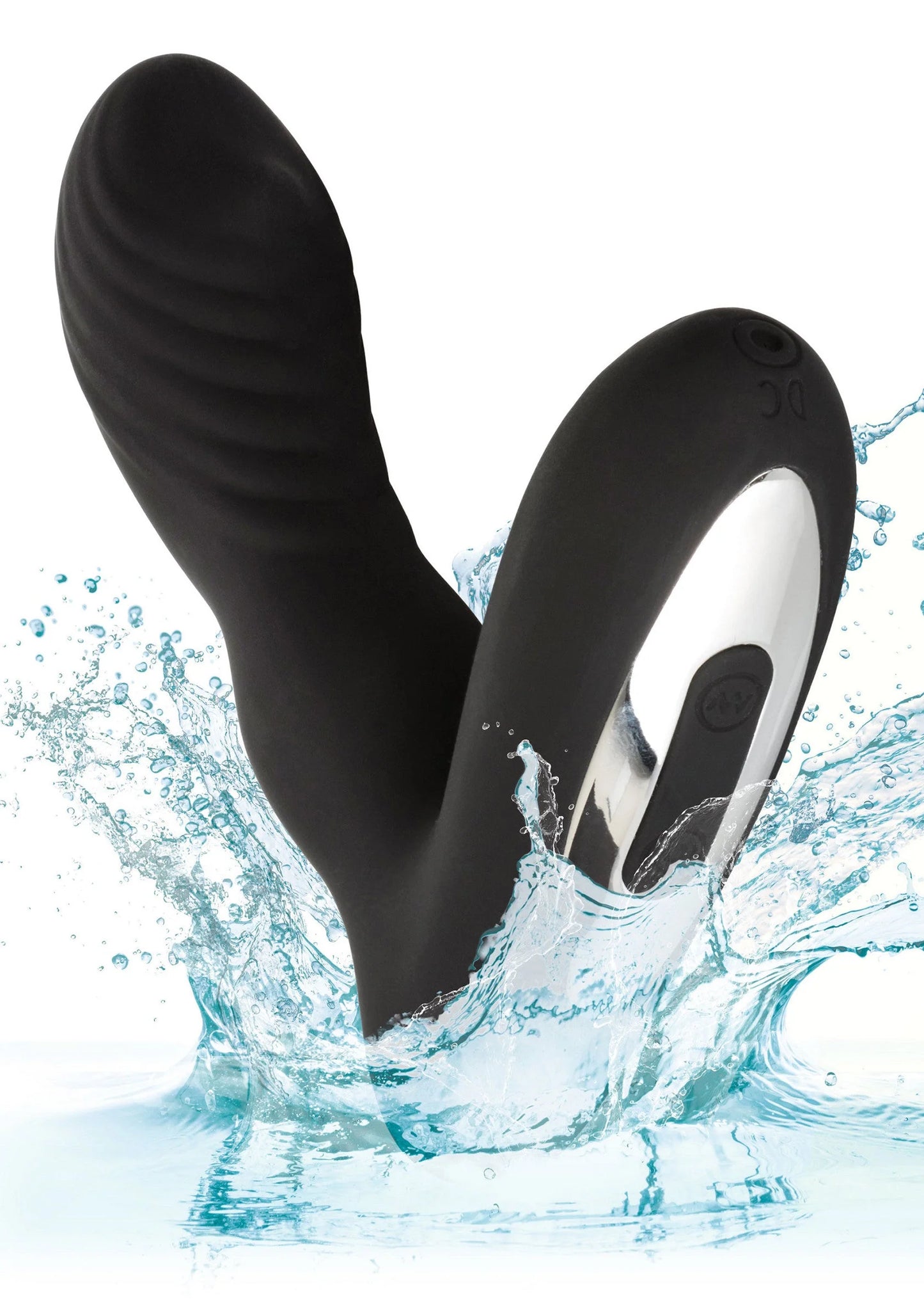 Zwarte Eclipse rollerball-probe vibrator met ovale bedieningszone, deels in water.