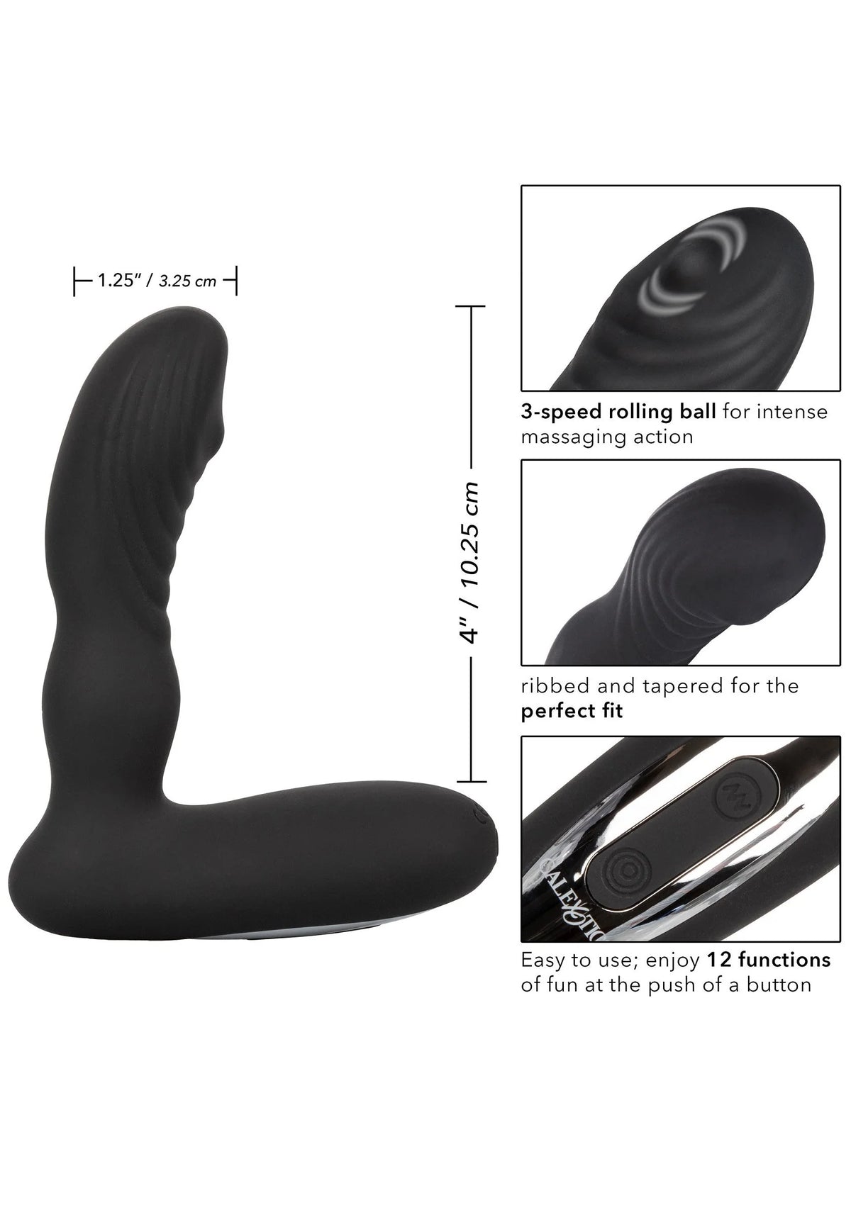 Zwarte Eclipse rollerball-probe vibrator silhouet met afmetingen en 3-rolfuncties.