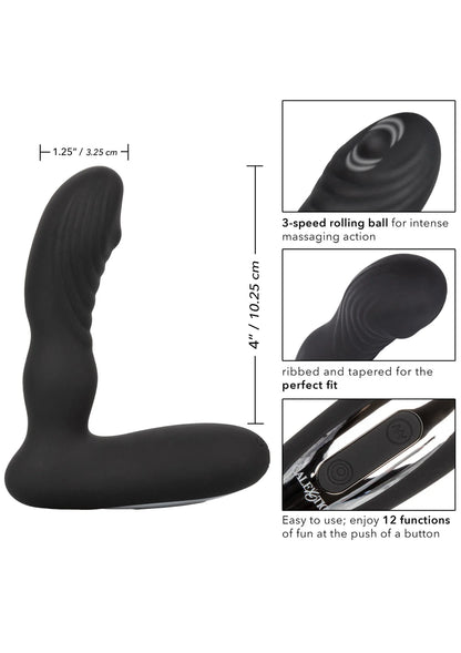 Zwarte Eclipse rollerball-probe vibrator silhouet met afmetingen en 3-rolfuncties.