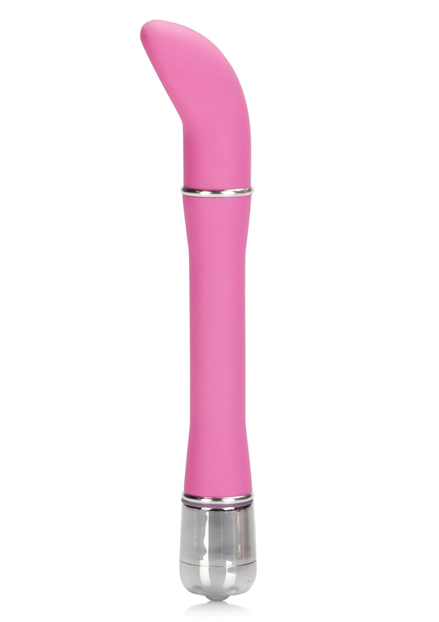 Roze satijnen vibrator met taps toelopende kop en zilveren ring aan onderzijde