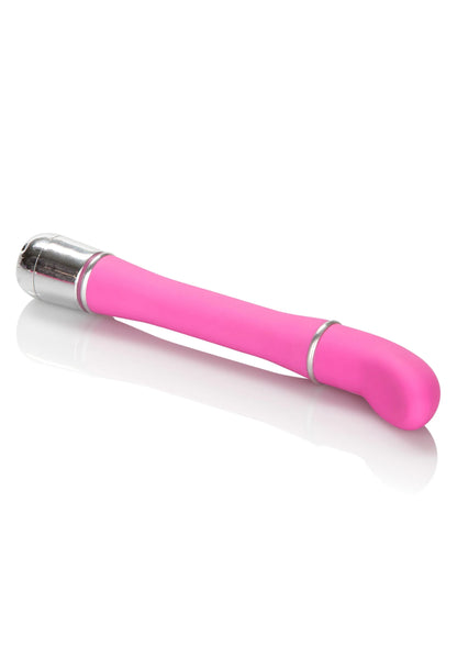 Roze vibrator met satijnen handvat en zilveren metalen kopring