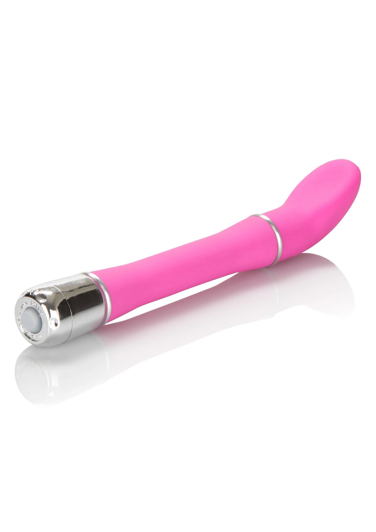 Roze vibrator met zilveren dop en taps toelopende kop, op gladde ondergrond