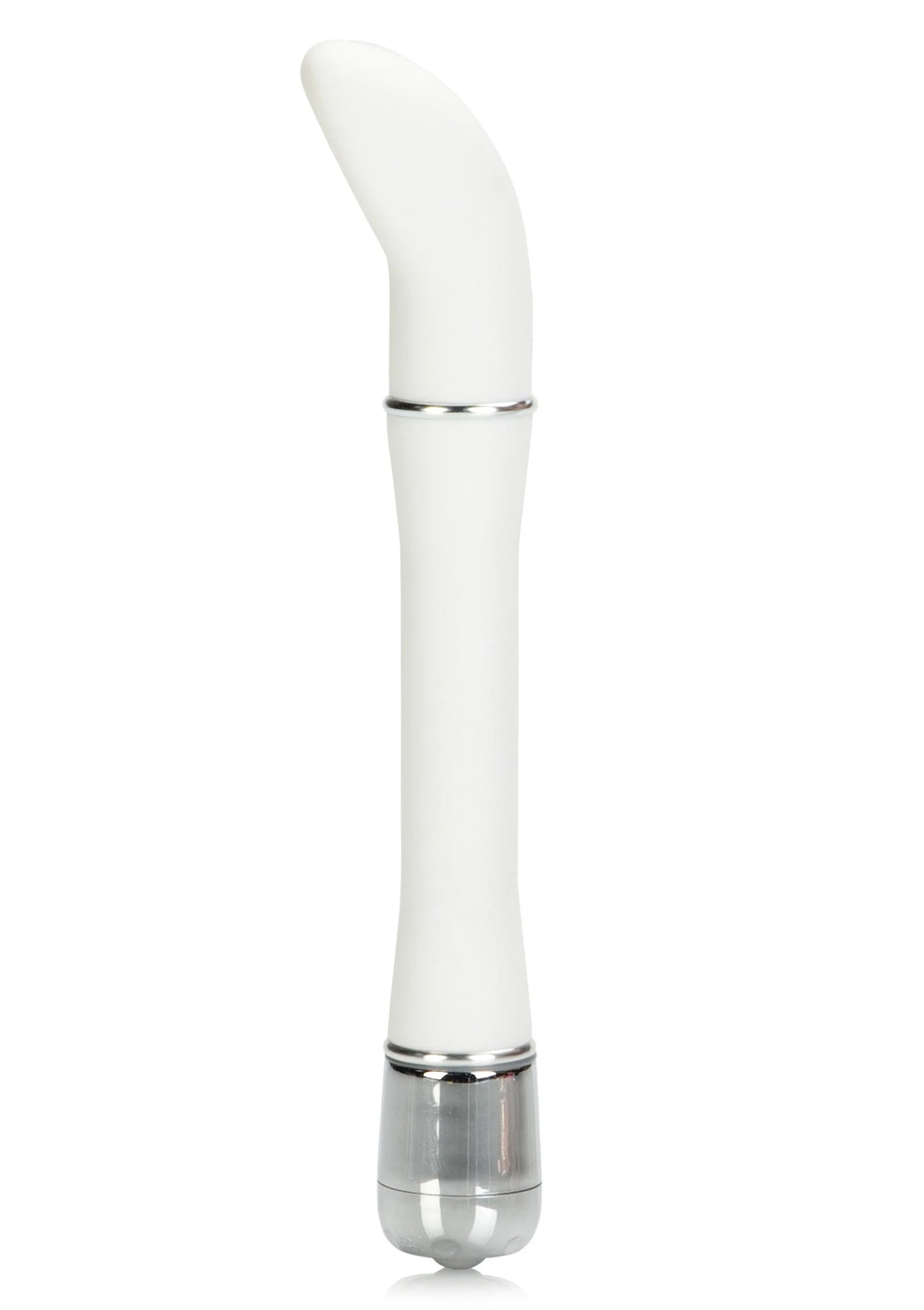 Witte vibrator met satijnen afwerking en ronde kop, zilveren ringen