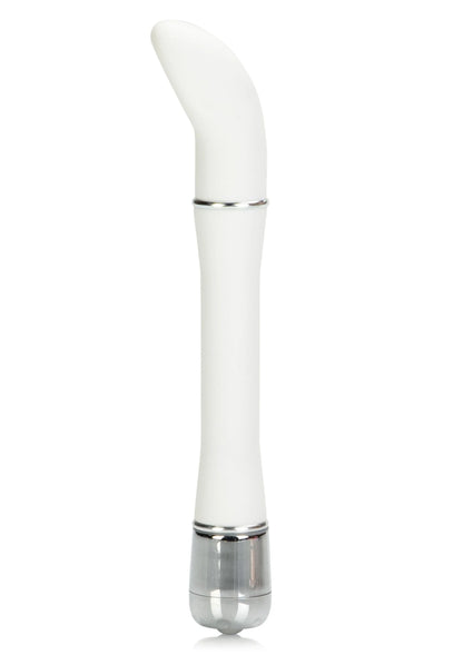Witte vibrator met satijnen afwerking en ronde kop, zilveren ringen