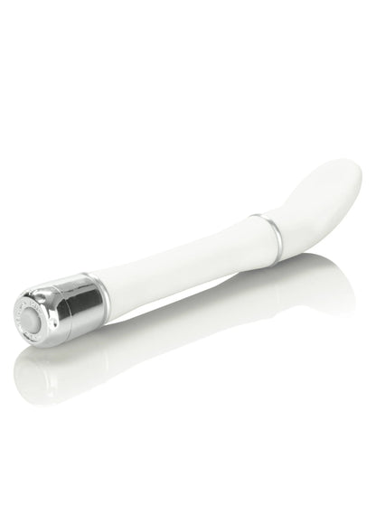 Witte satijnlook vibrator met metalen uiteinde en smal handvat