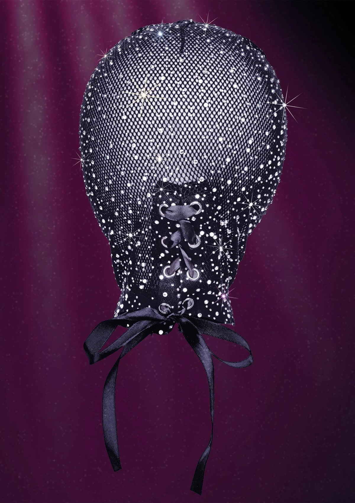Zwarte glitterachtige hood cover met rijgsluiting en striklinten