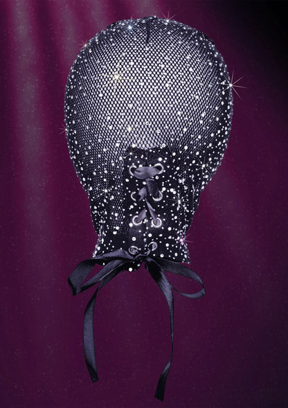 Zwarte glitterachtige hood cover met rijgsluiting en striklinten