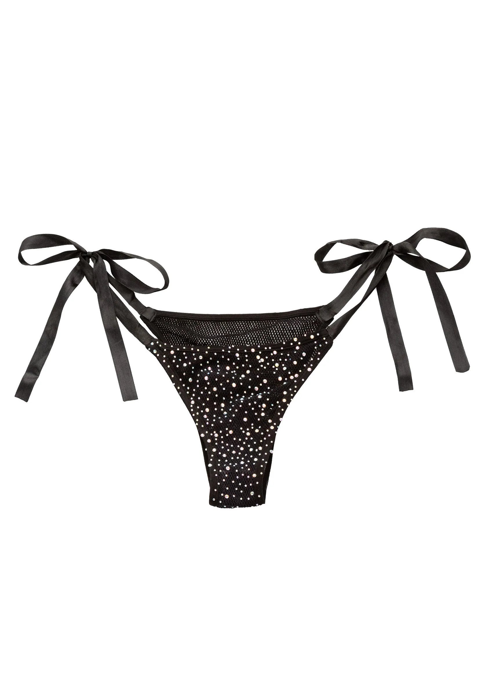 Zwarte glinsterende stringpanty plat met zijstrikken en lage taille