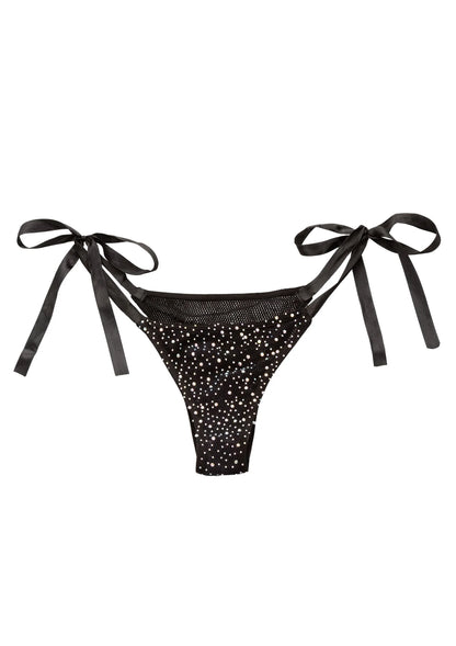 Zwarte glinsterende stringpanty plat met zijstrikken en lage taille