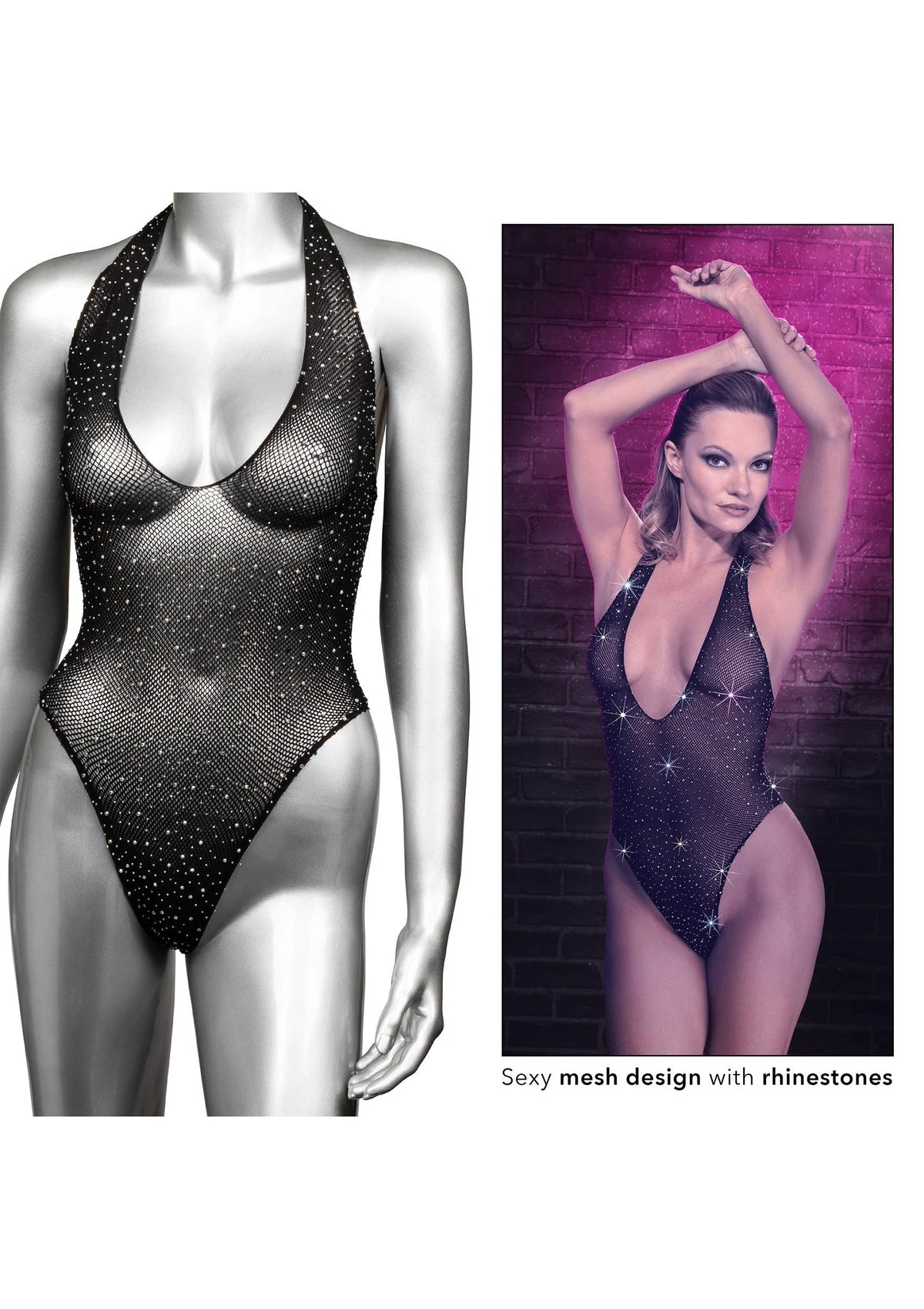 Zwarte diep-halster mesh body suit met steentjes, collage met voor- en modelbeeld