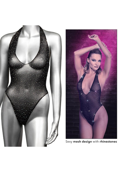 Zwarte diep-halster mesh body suit met steentjes, collage met voor- en modelbeeld