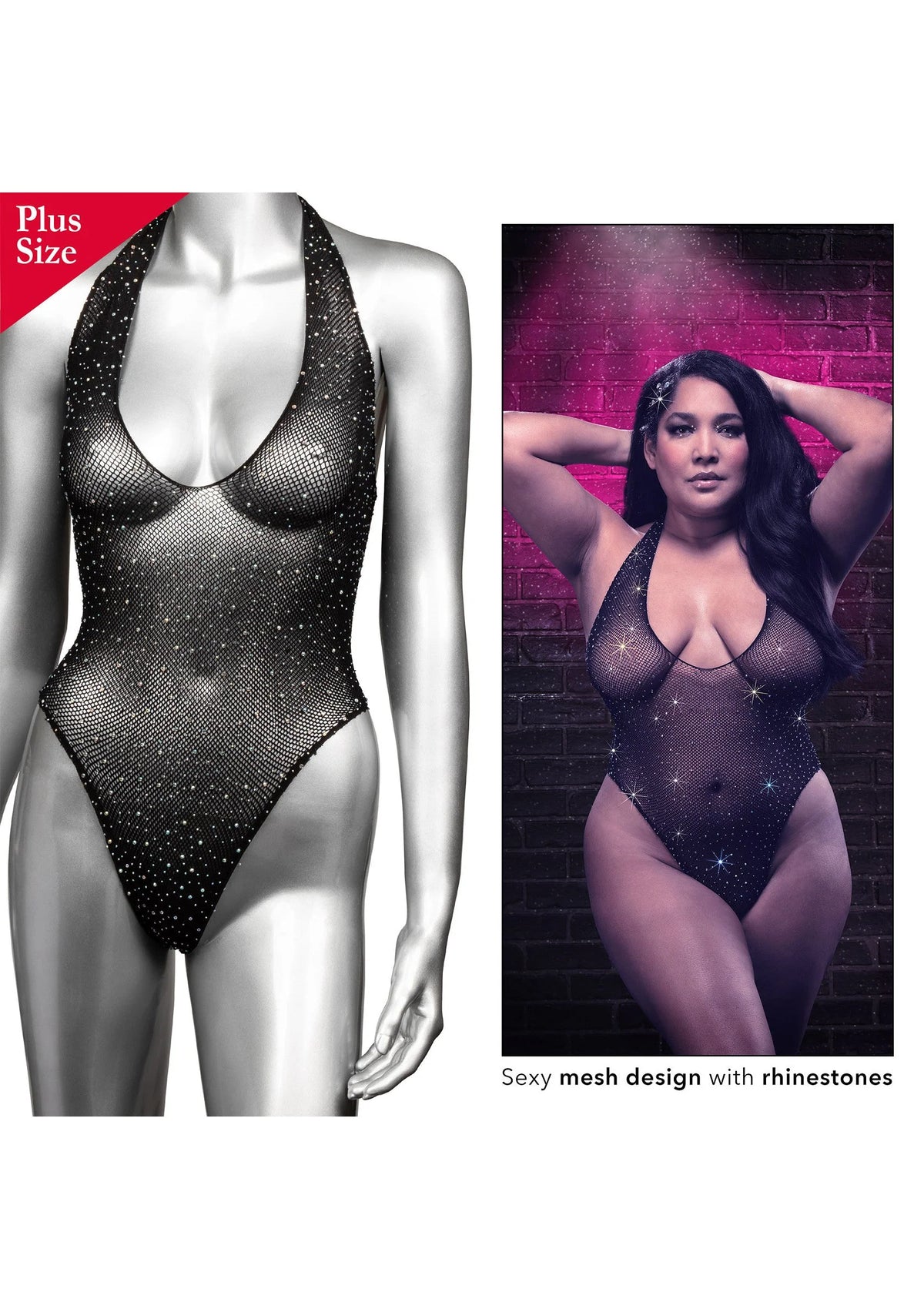 Zwarte deep V mesh body suit met steentjes; setweergave met model in dezelfde body suit.