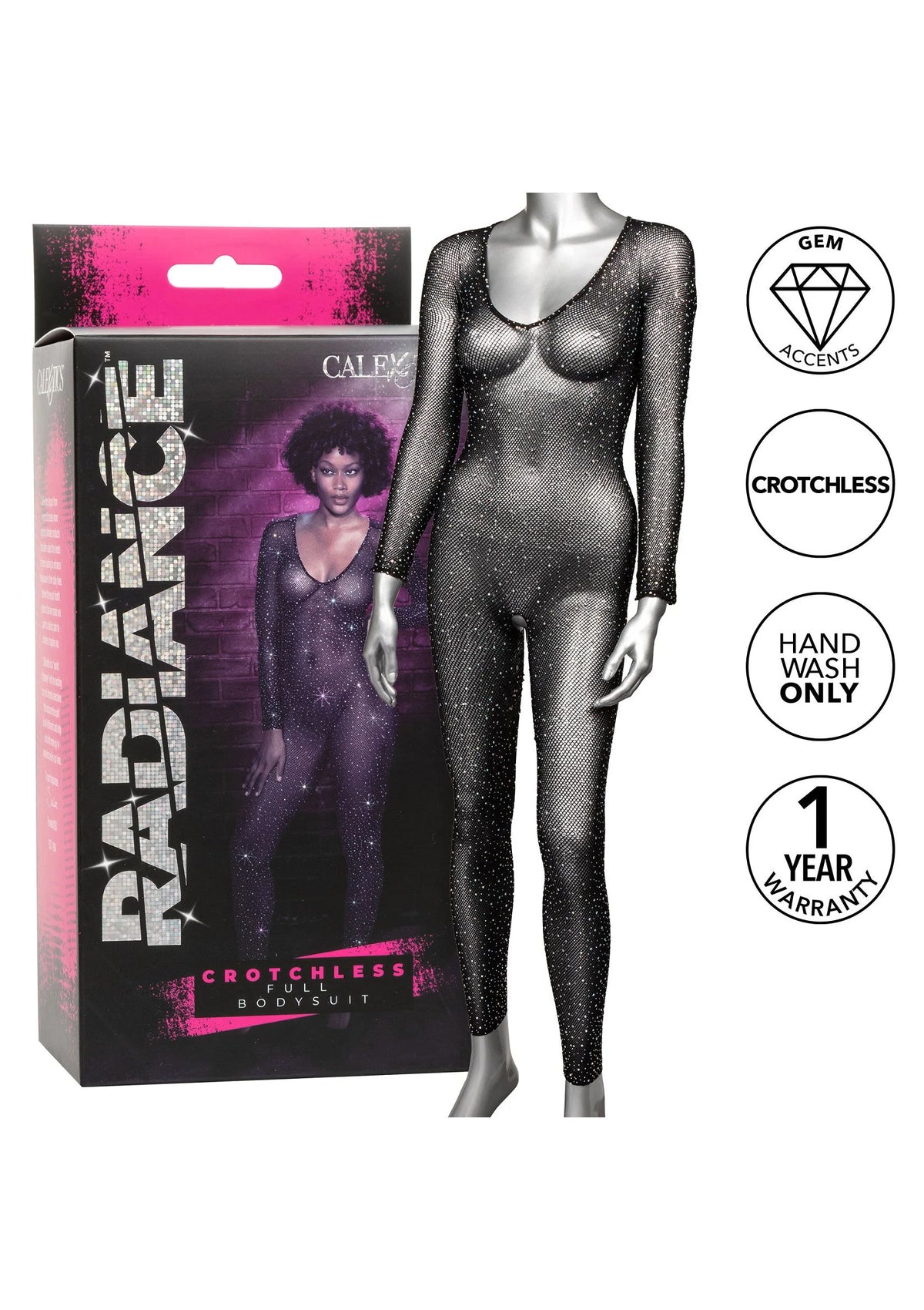 Donkere glinsterende crotchless full body suit op etalagepop, lange mouwen