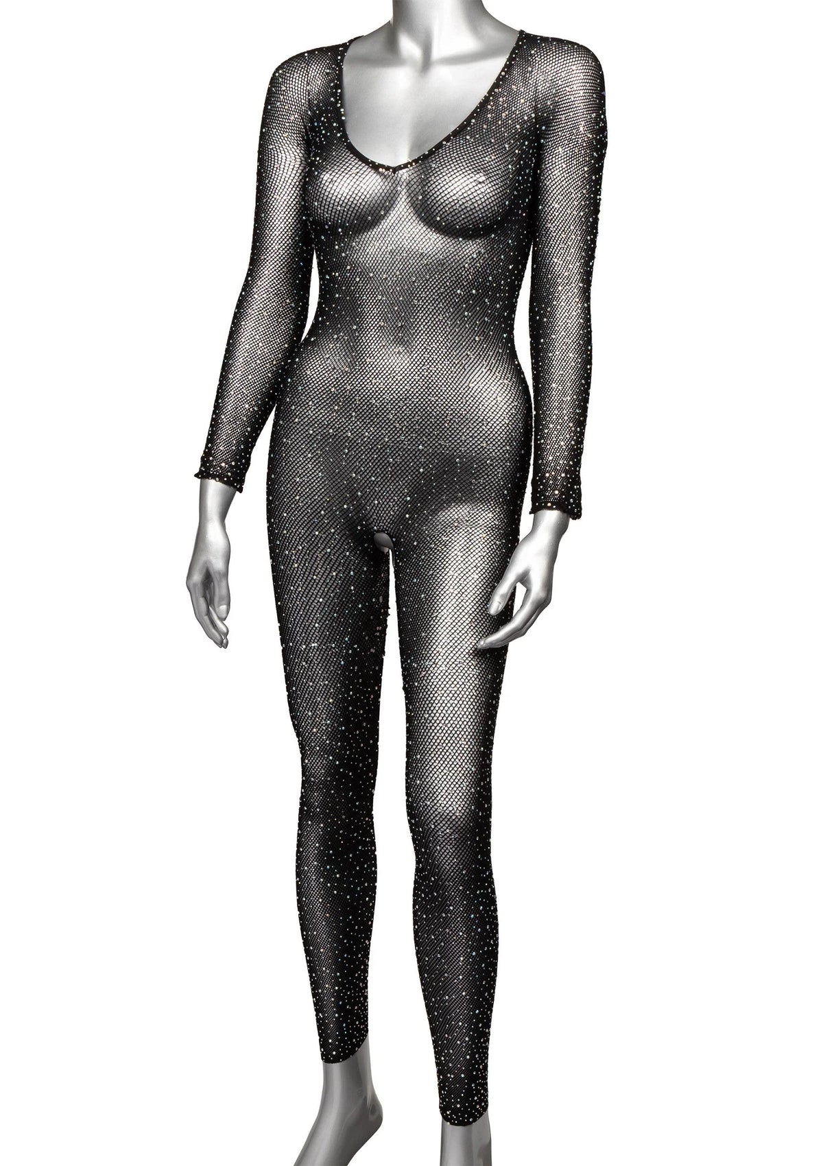 Kruisloze full body suit op witte achtergrond: zwarte mesh met glinsterende steentjes