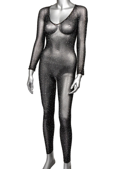 Kruisloze full body suit op witte achtergrond: zwarte mesh met glinsterende steentjes