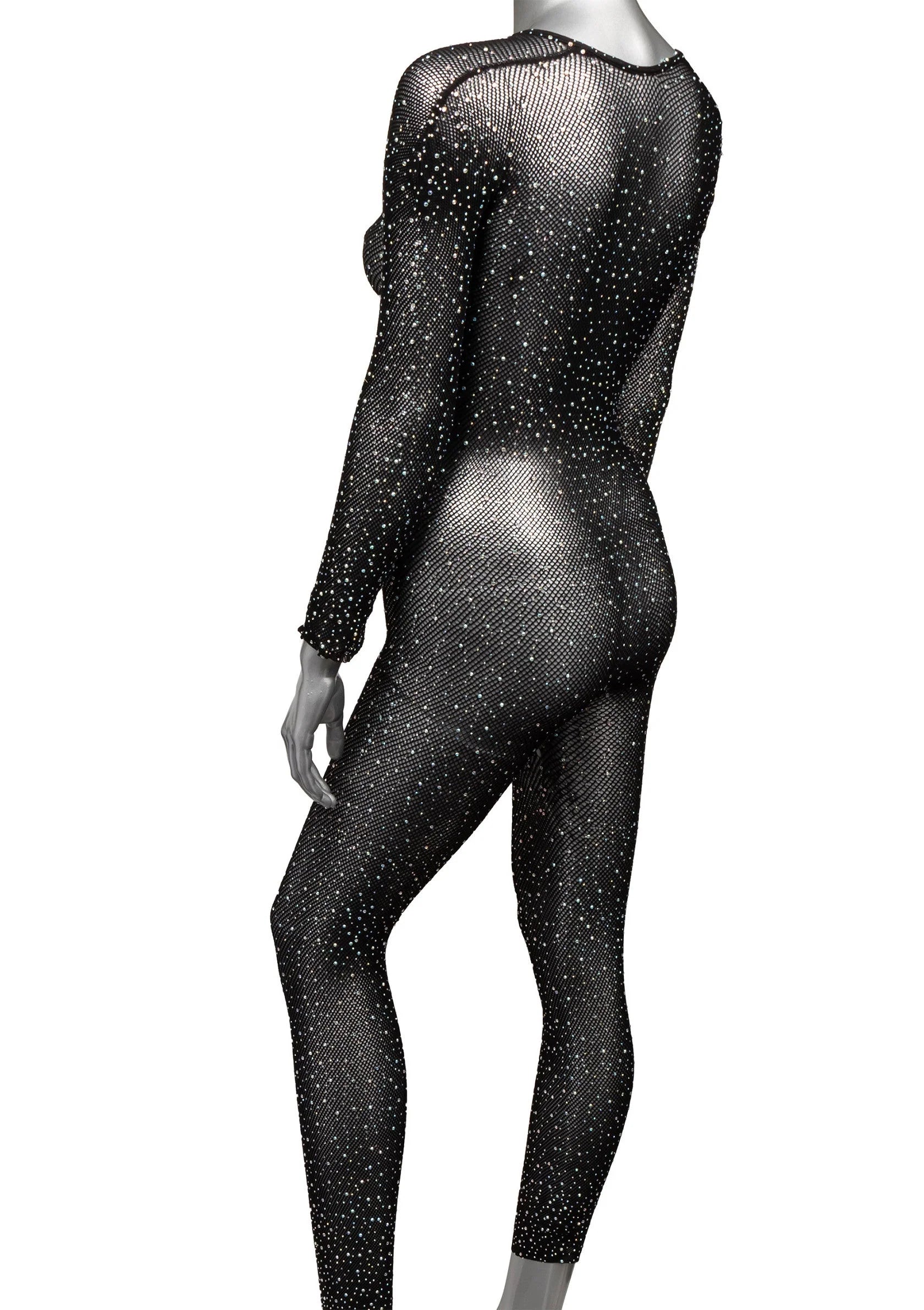 Kruisloze full body bodysuit met glinsterende zwarte stof, lange pijpen