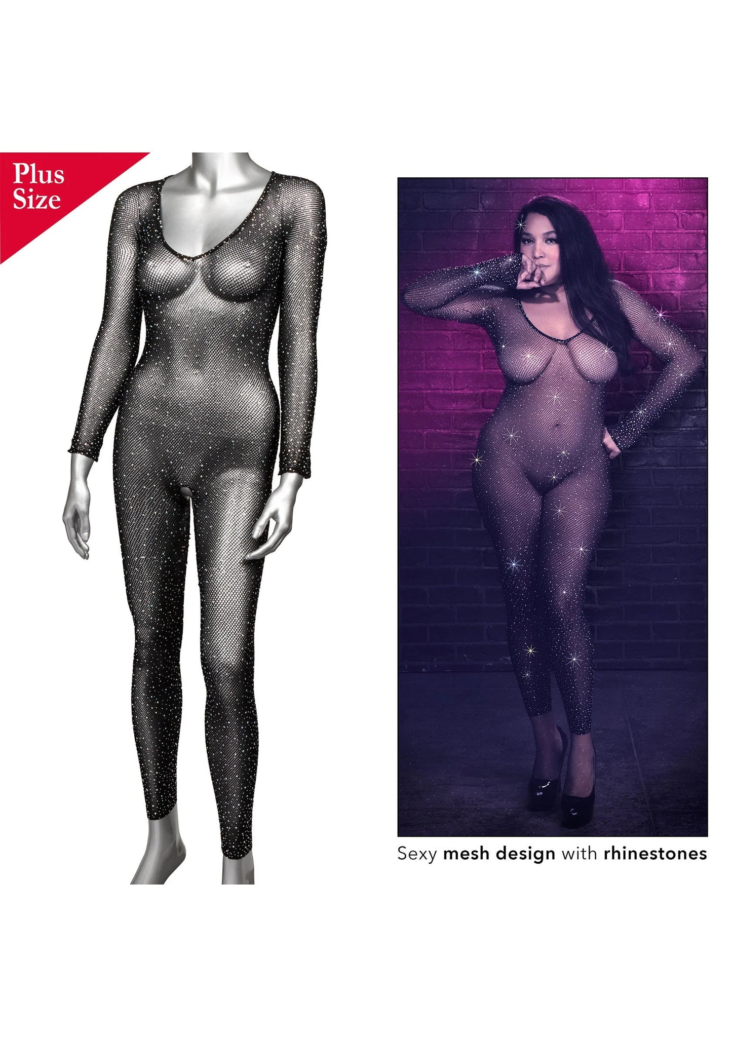 Kruisloze full body suit setbeeld: glanzende zwarte mesh met steentjes