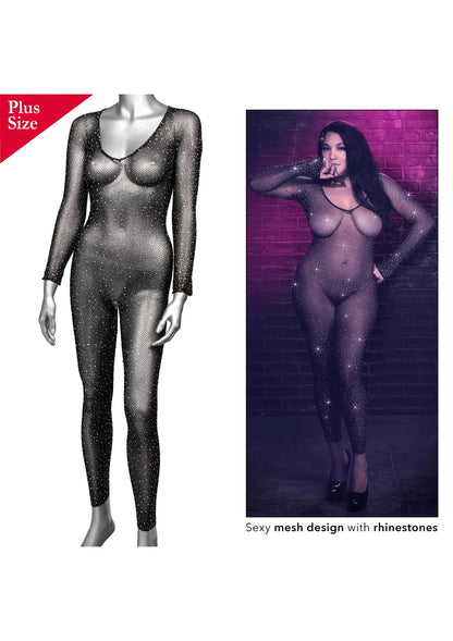 Kruisloze full body suit setbeeld: glanzende zwarte mesh met steentjes