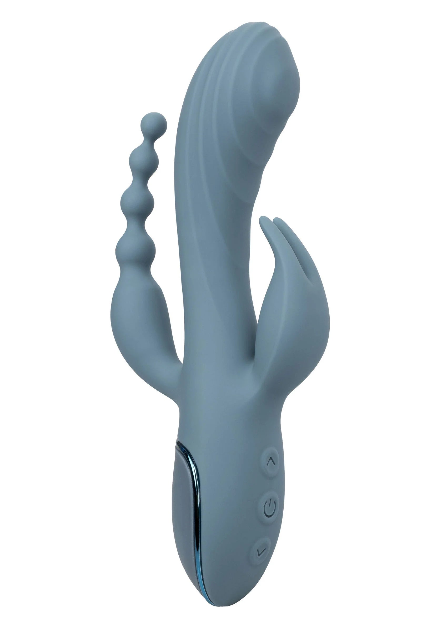 Blauwe vibrerende triple vibrator met gebogen vorm en drie motorposities