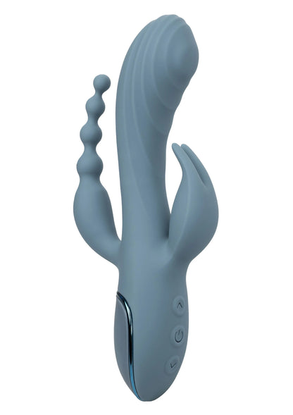 Blauwe vibrerende triple vibrator met gebogen vorm en drie motorposities