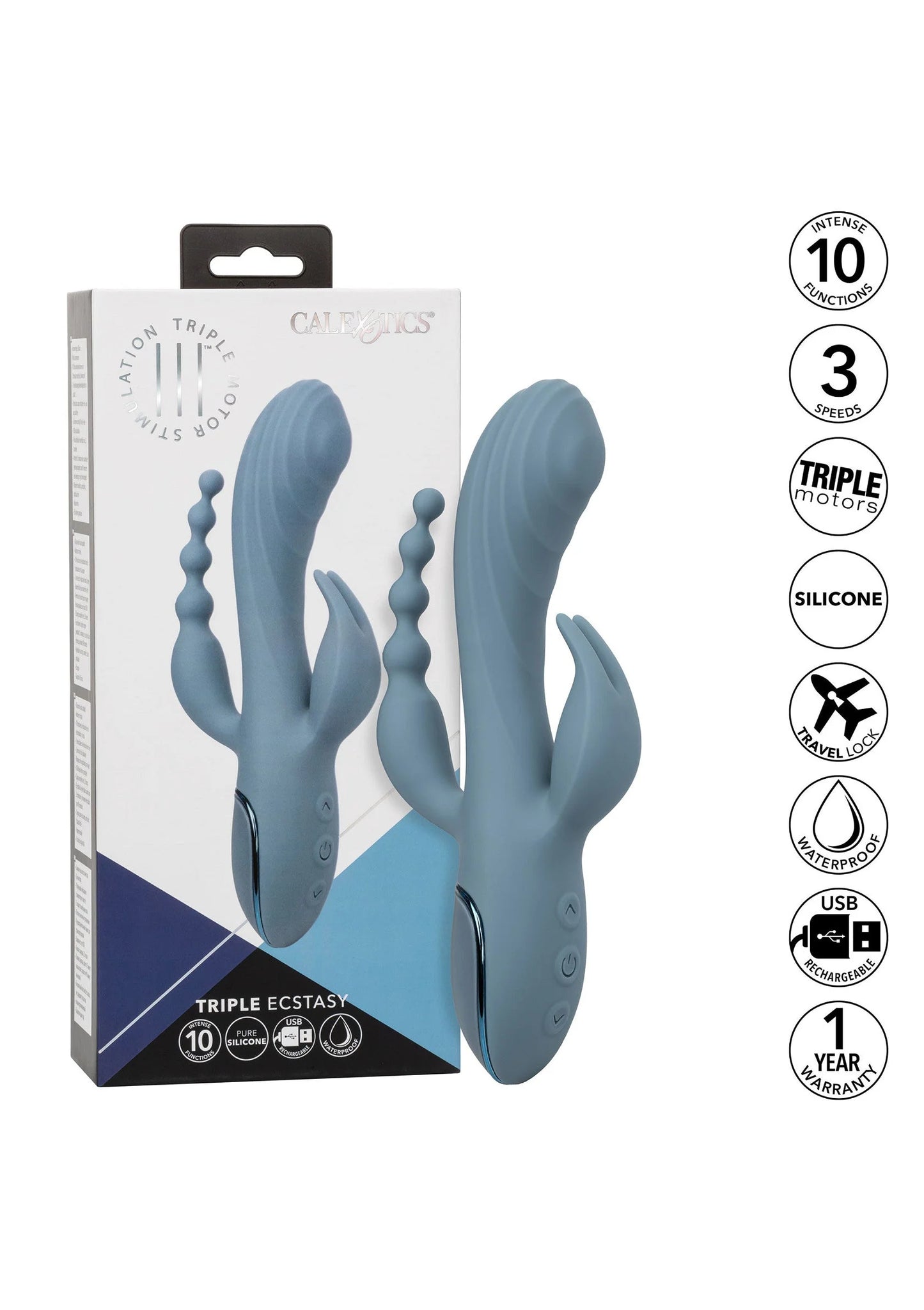 CalExotics verpakkingsdoos met blauwe triple vibrator