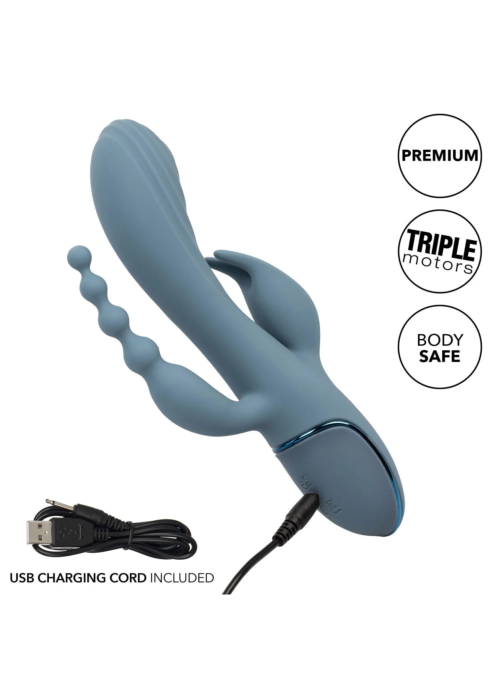 Blauwe triple vibrator met drie vibrerende uiteinden en USB-oplaadkabel