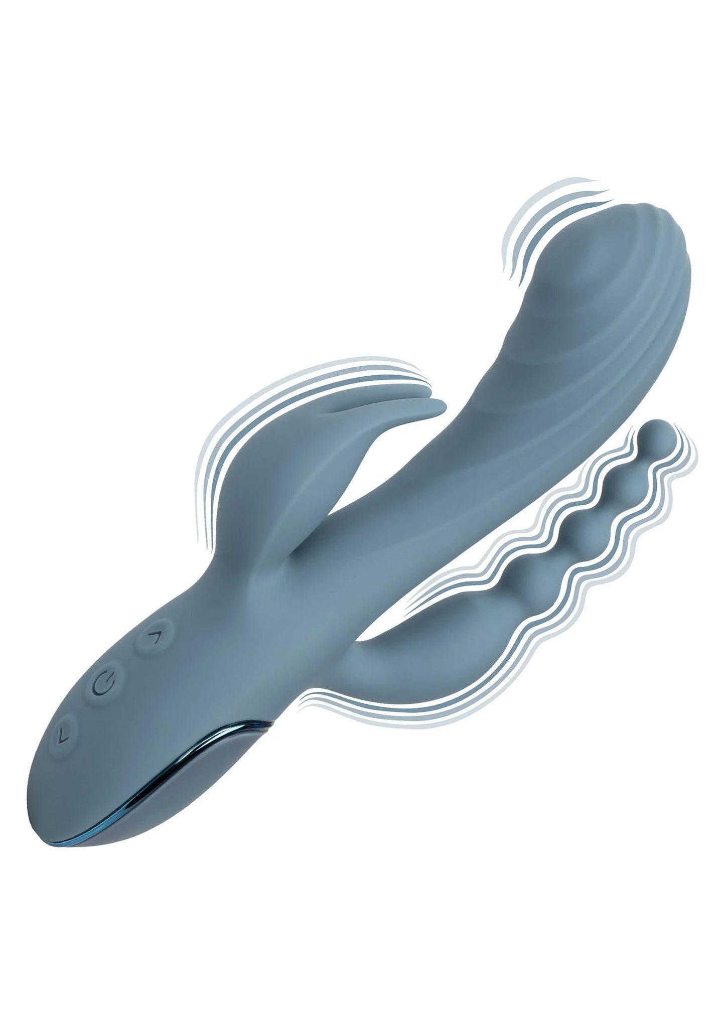 Blauwe triple vibrator in zijaanzicht met ribbels langs de langgerekte vorm