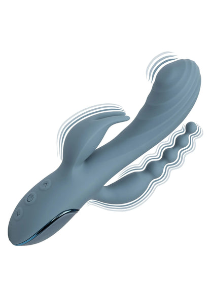 Blauwe triple vibrator in zijaanzicht met ribbels langs de langgerekte vorm