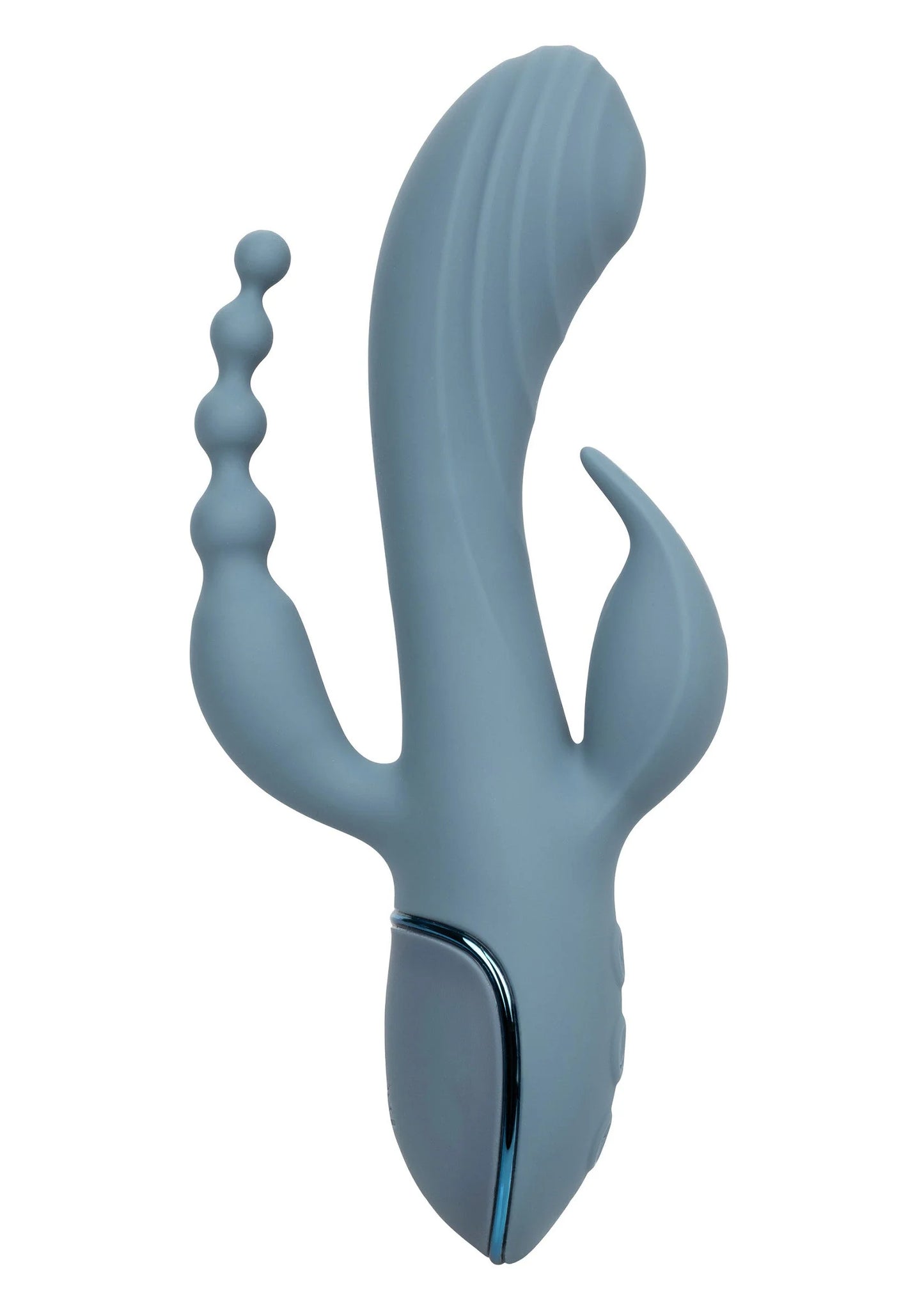 Drievoudige vibrator van CalExotics, lichtblauwe siliconen met drie gebogen armen en knopbasis