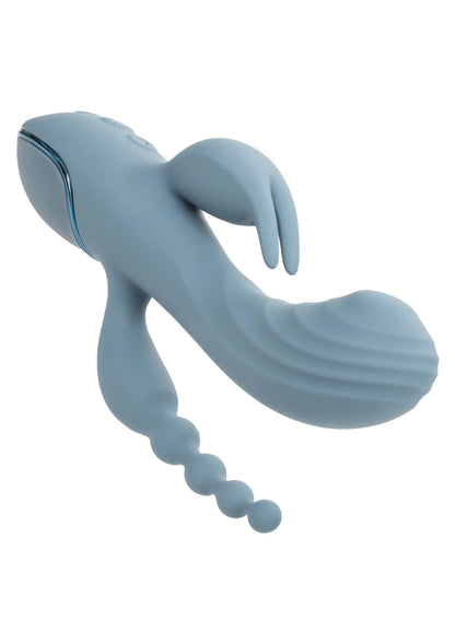 Drievoudige vibrator van CalExotics, lichtblauwe siliconen met bolletjesrij en gebogen uiteinden