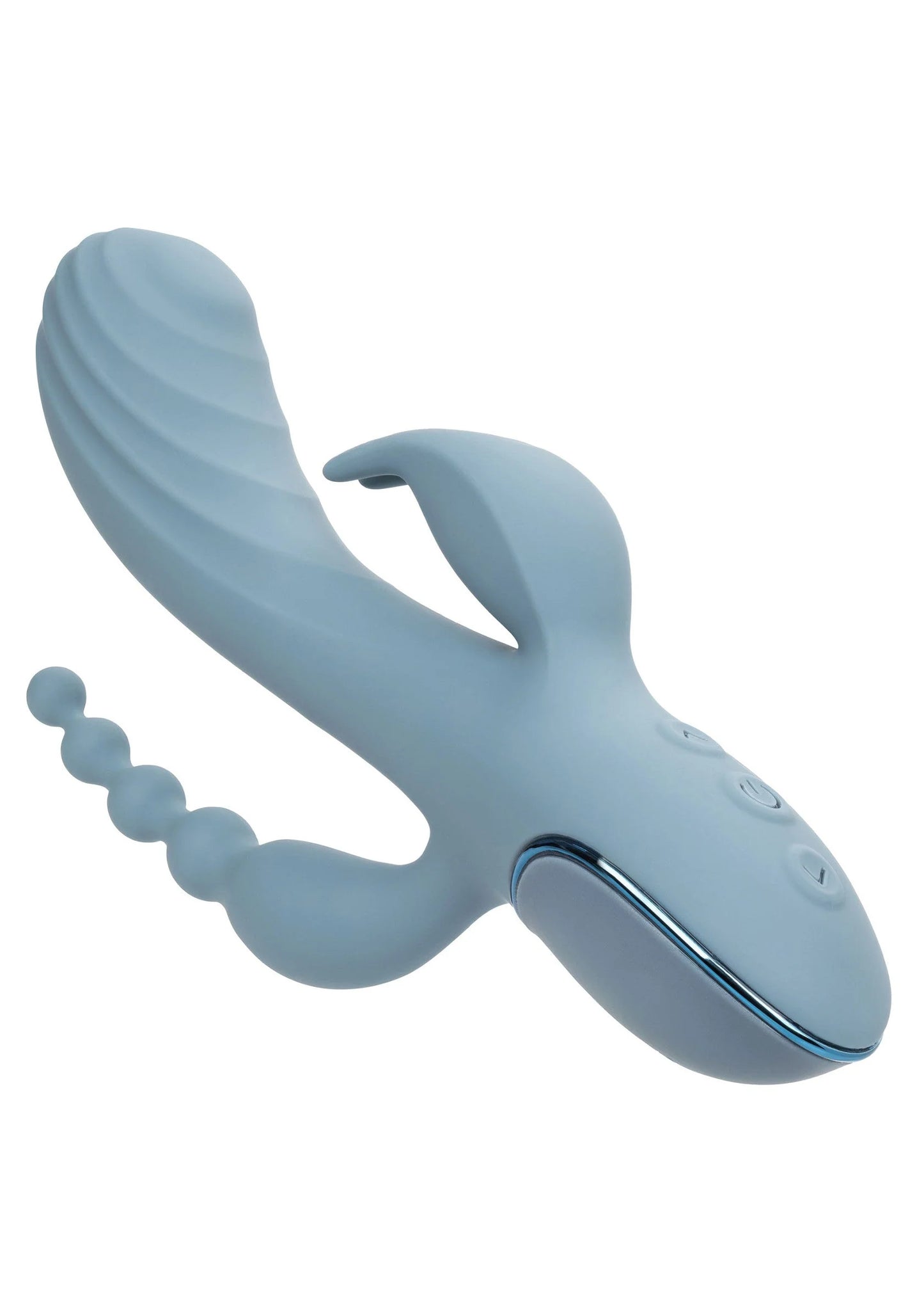 Blauwe triple vibrator met geribbelde staart en afgeronde knoppen aan de basis