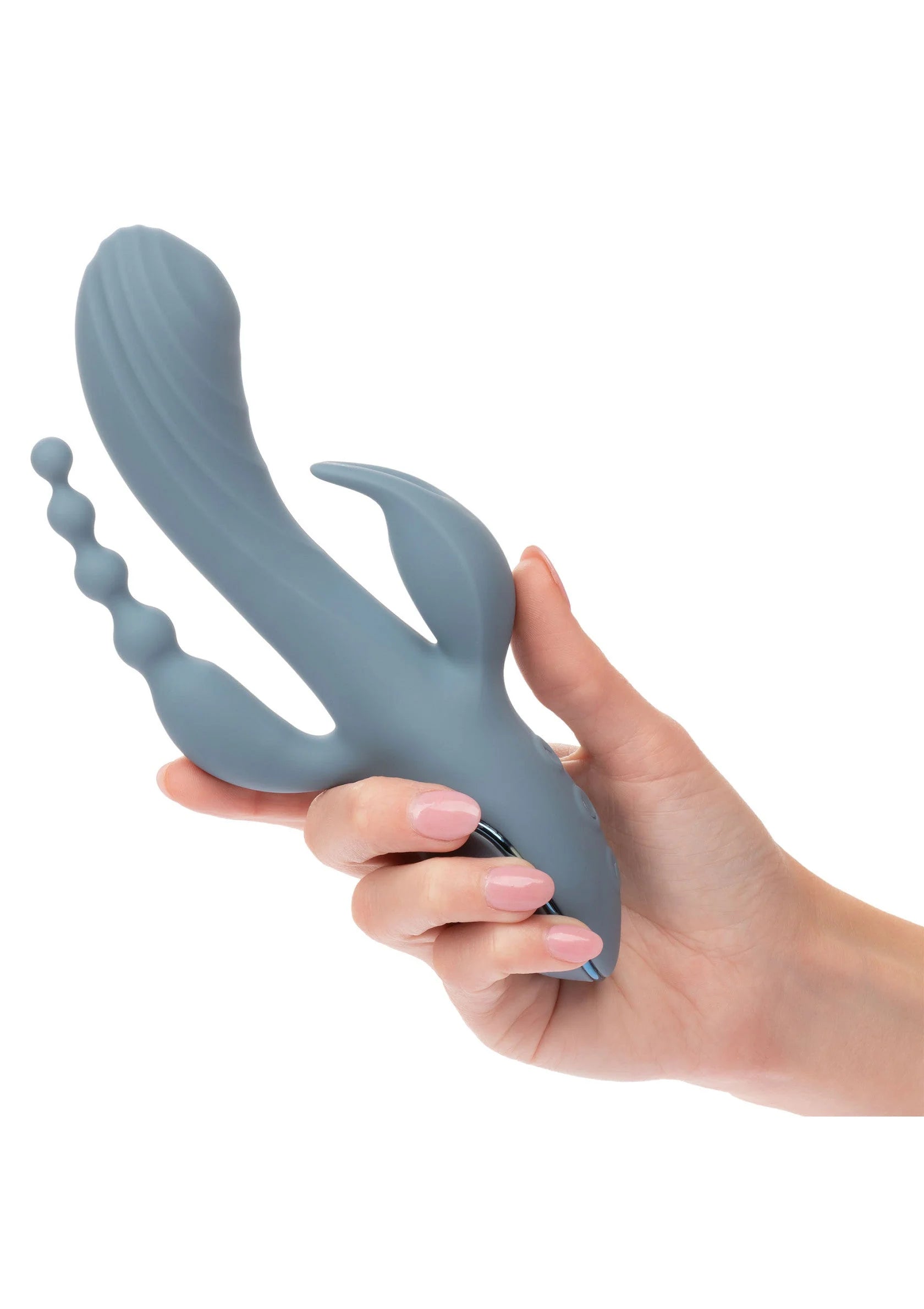Blauwe triple vibrator in de hand, met ronde bedieningsknoppen aan de basis