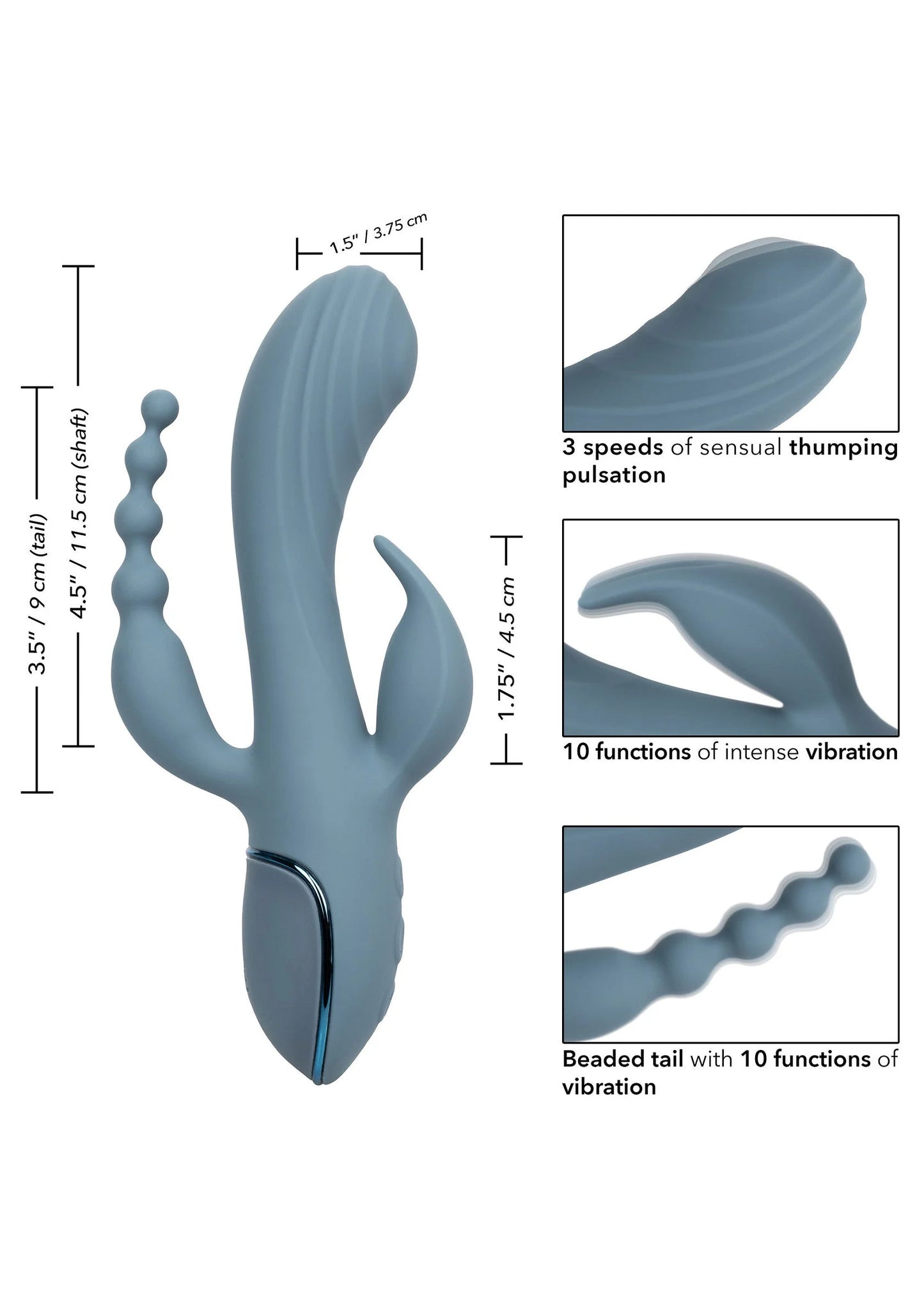 Blauwe triple vibrator met drie vibrerende delen en geribbelde staart