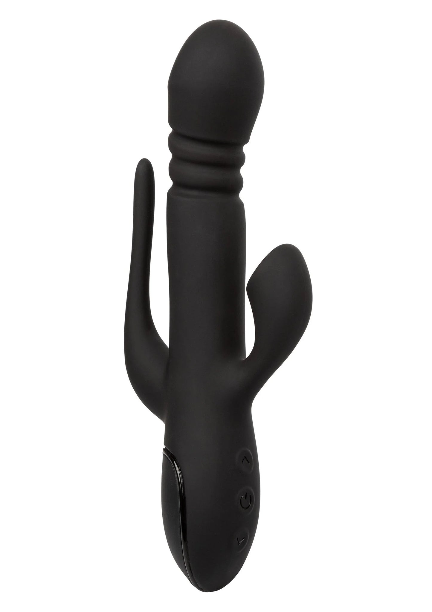 Zwarte dubbele vibrator met ronde top en twee uitsteeksels, met bedieningsknoppen.