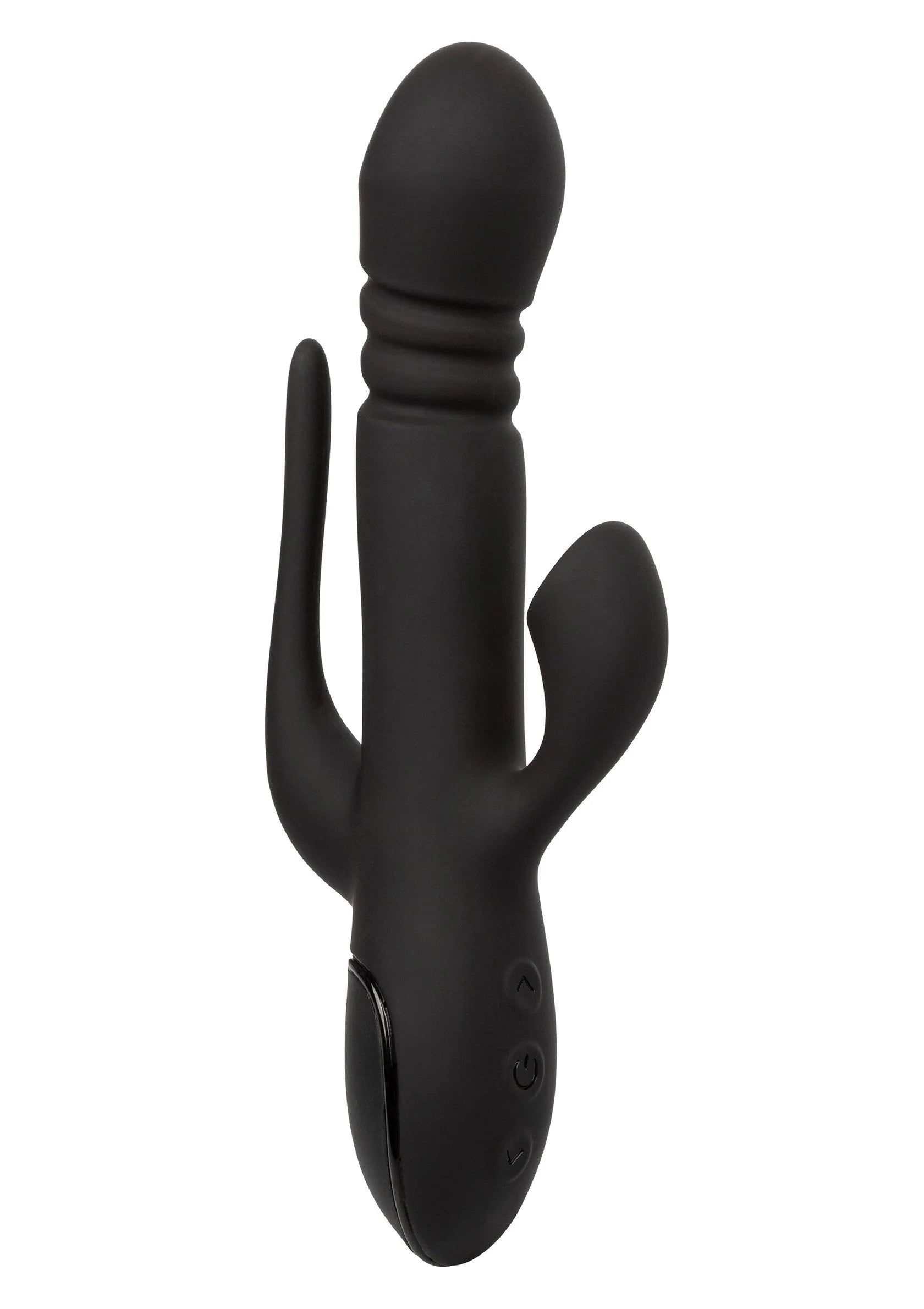Zwarte dubbele vibrator met ronde top en twee uitsteeksels, met bedieningsknoppen.