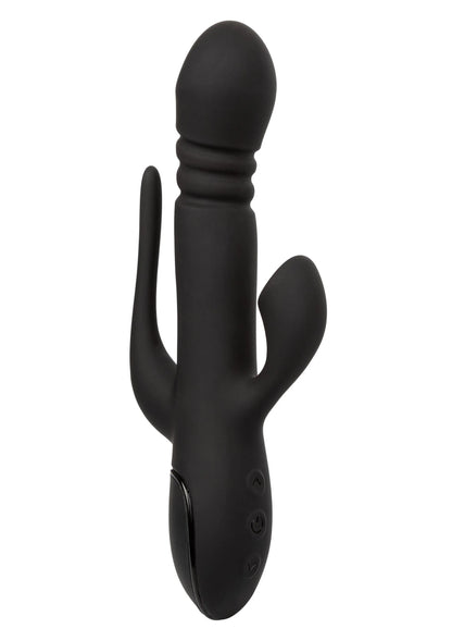 Zwarte dubbele vibrator met ronde top en twee uitsteeksels, met bedieningsknoppen.