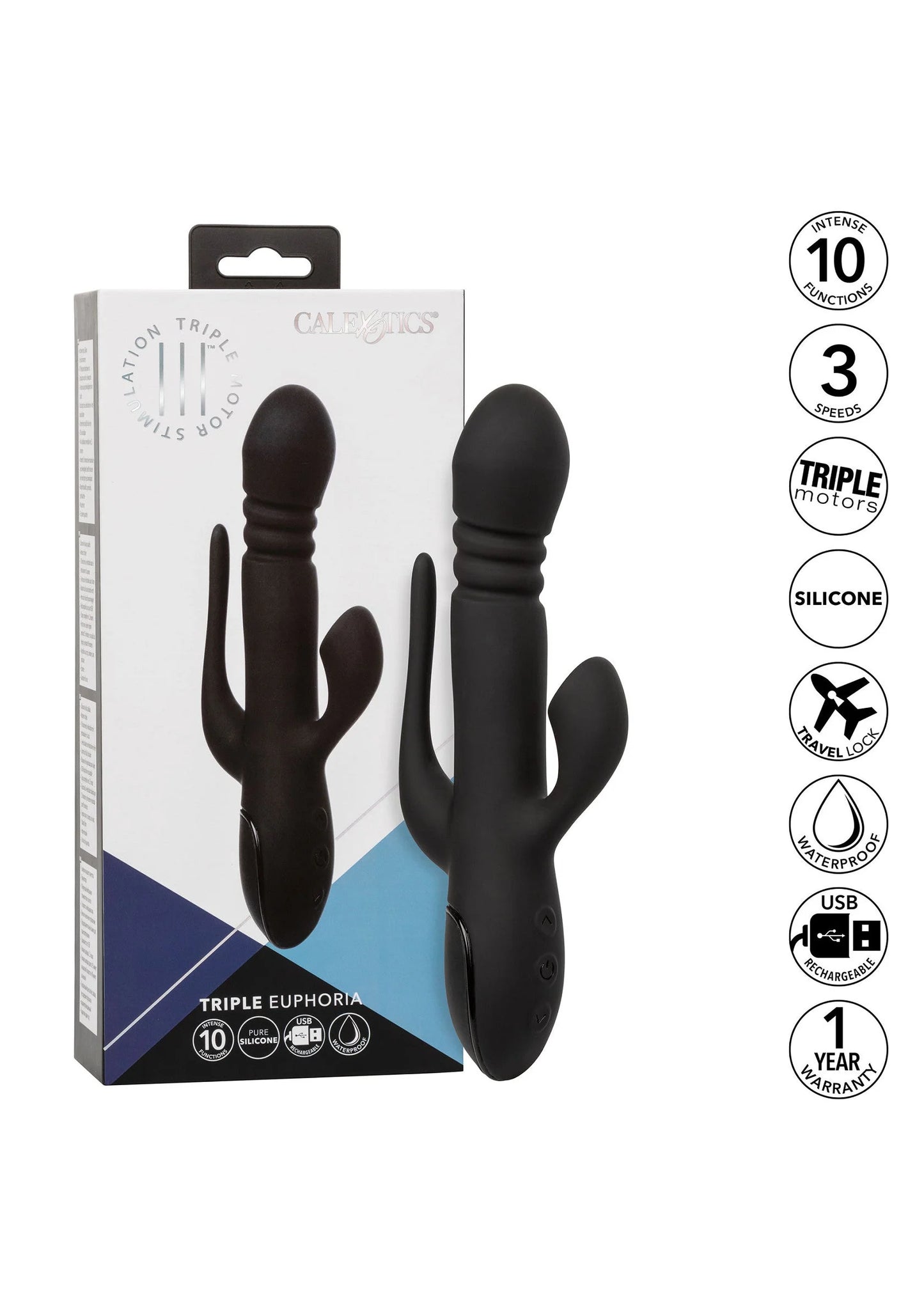 Verpakkingsdoos van CalExotics Triple Euphoria dubbele vibrator, zwarte silicone met USB-badge.