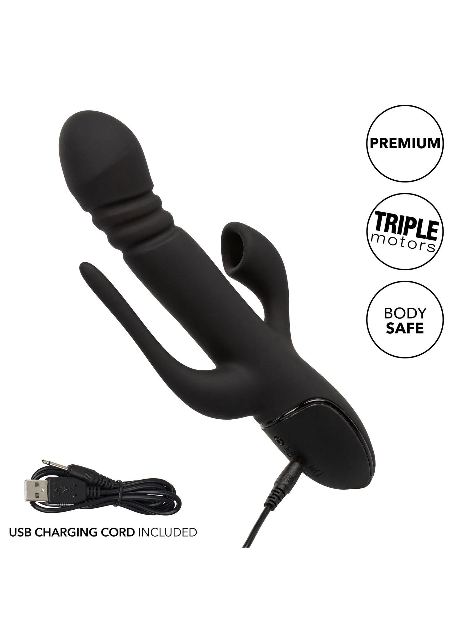 Zwarte dubbele vibrator met USB-oplaadkabel, gebogen vorm met twee vibrerende uiteinden.