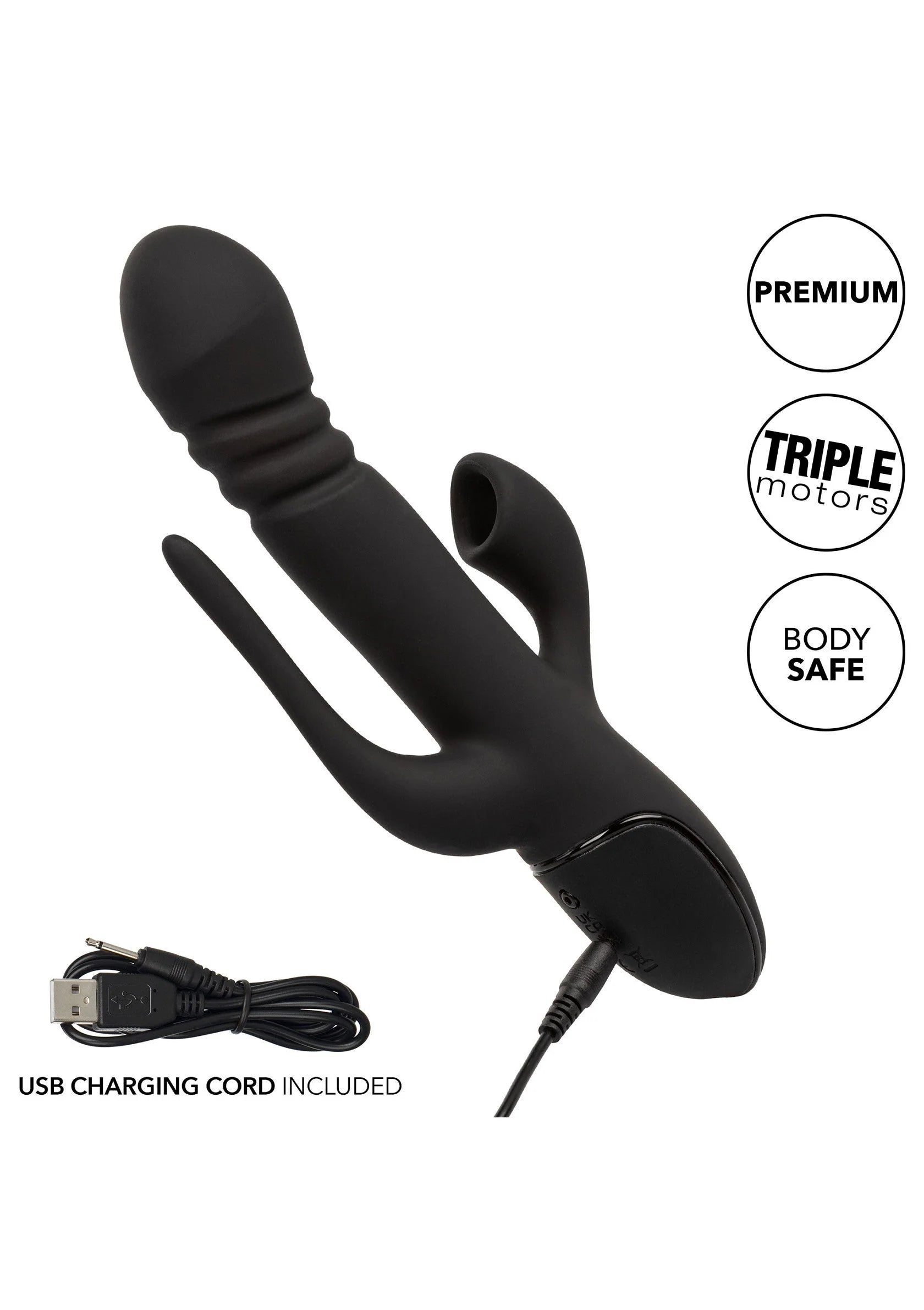 Zwarte dubbele vibrator met USB-oplaadkabel, gebogen vorm met twee vibrerende uiteinden.