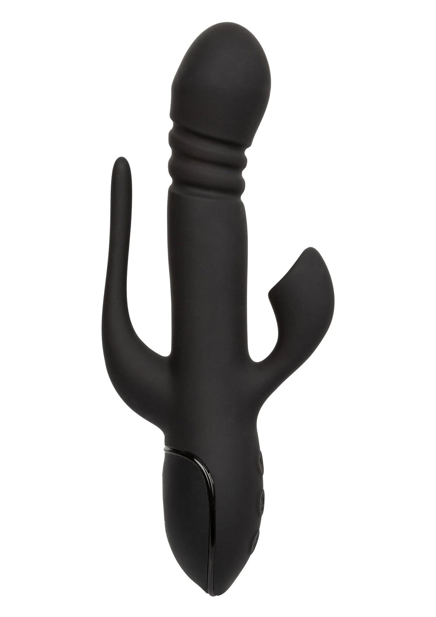 Dubbele zwarte vibrator met ronde uiteinden en gebogen handgreep, staand model