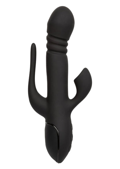 Dubbele zwarte vibrator met ronde uiteinden en gebogen handgreep, staand model