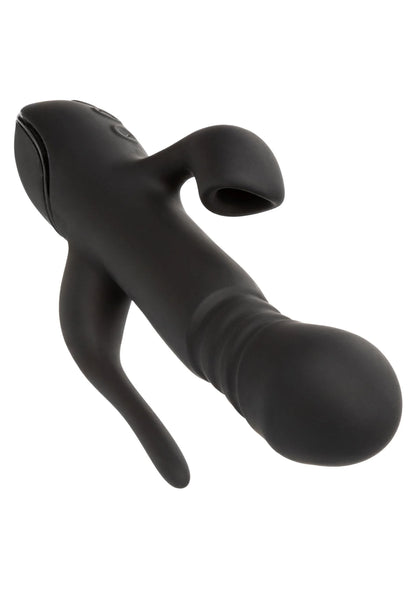 Dubbele zwarte vibrator in zijaanzicht met twee afgeronde koppen en korte steel