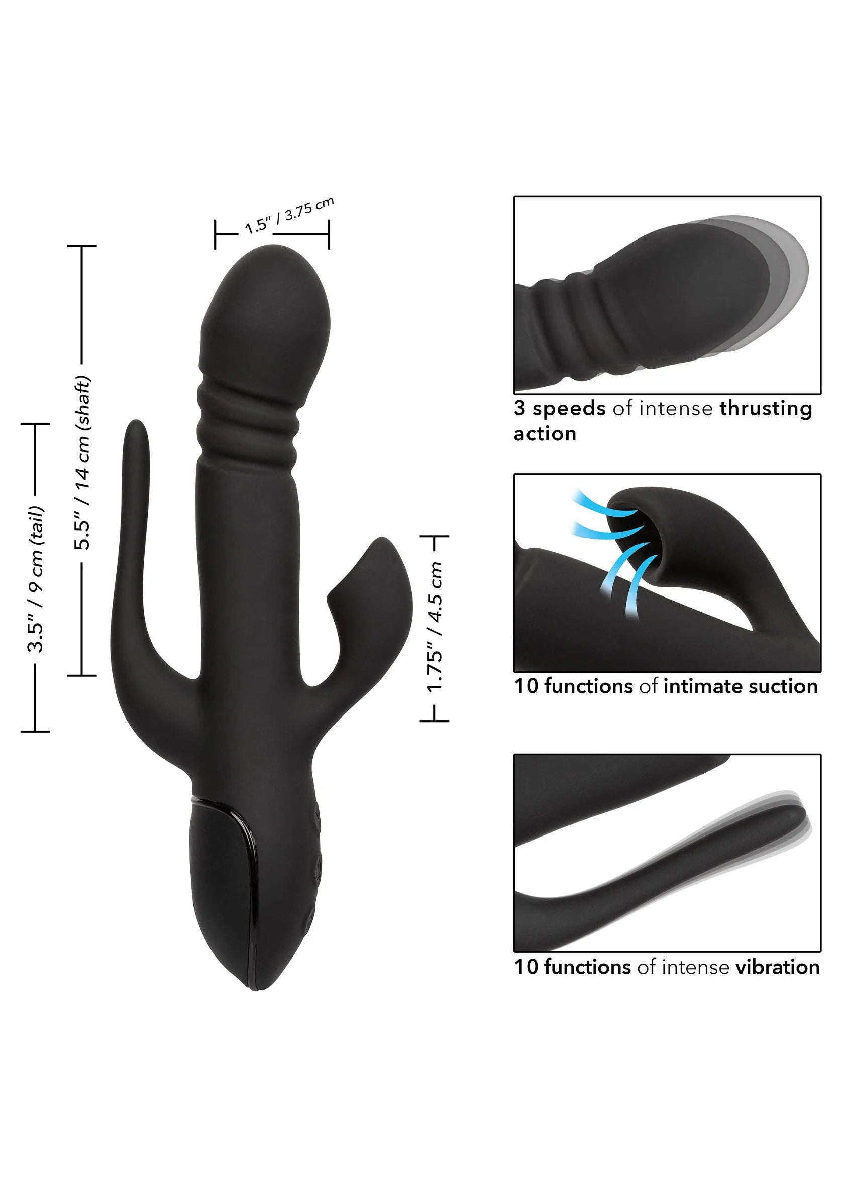 Illustratie van zwarte dubbele vibrator met maataanduidingen en functie-visualisaties.