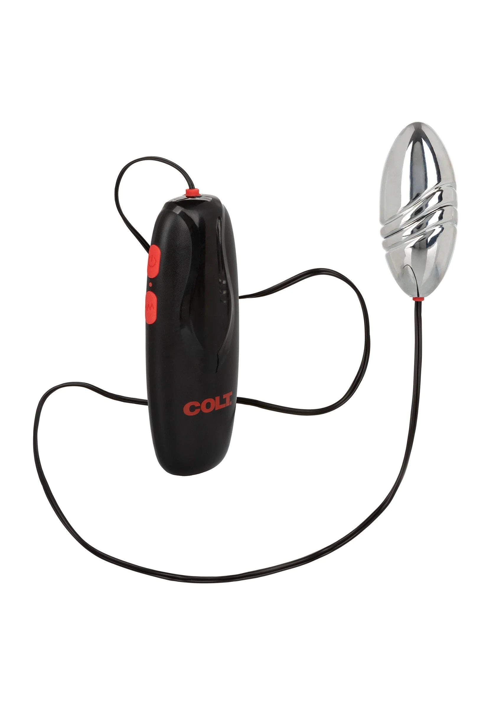 Oplaadbare turbo bulletvibrator met zwart handvat en zilveren bullet, verbonden met kabel