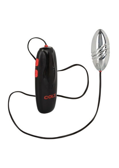 Oplaadbare turbo bulletvibrator met zwart handvat en zilveren bullet, verbonden met kabel