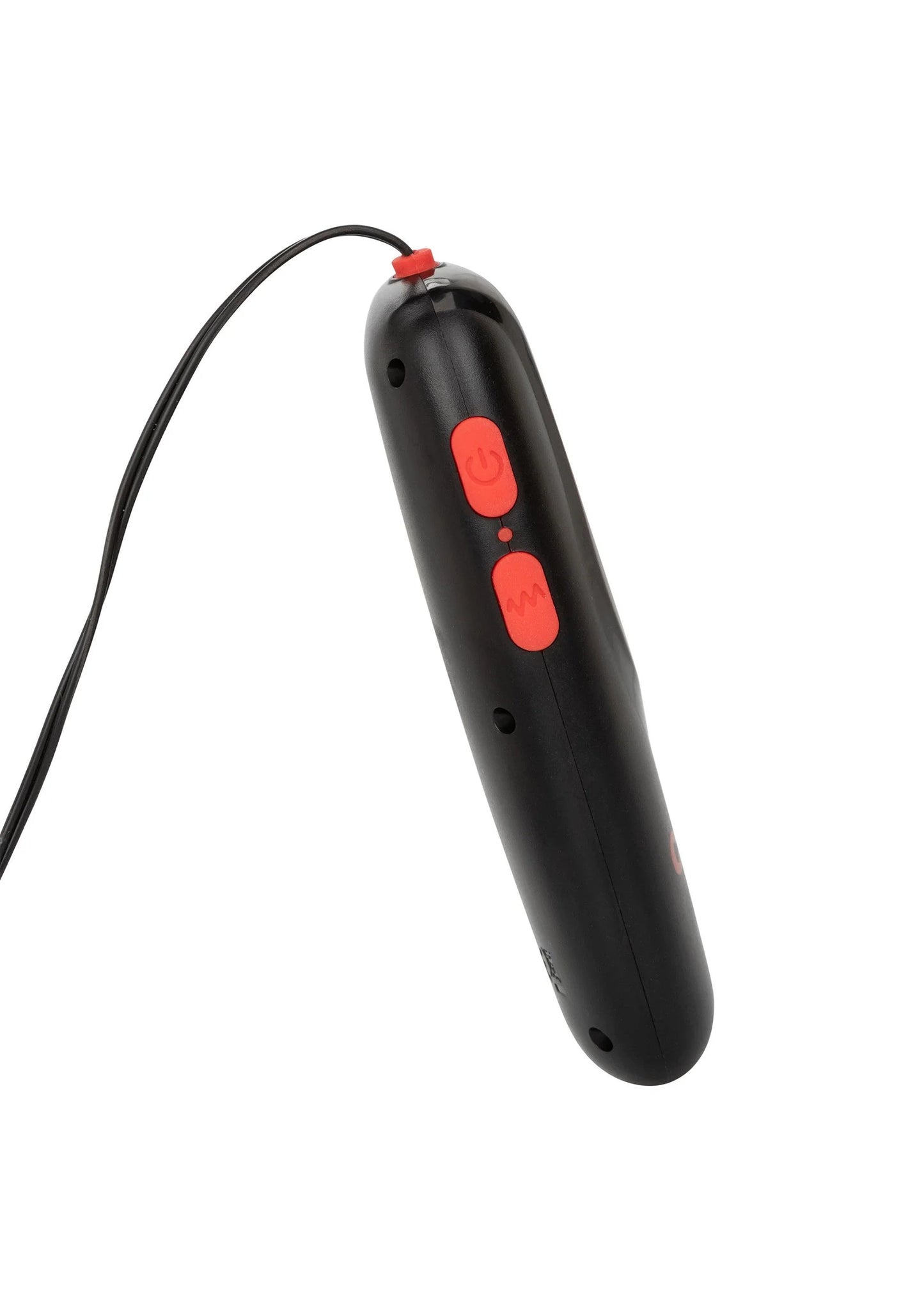 Oplaadbare turbo bulletvibrator, zwart handvat met rode knoppen en aansluitkabel